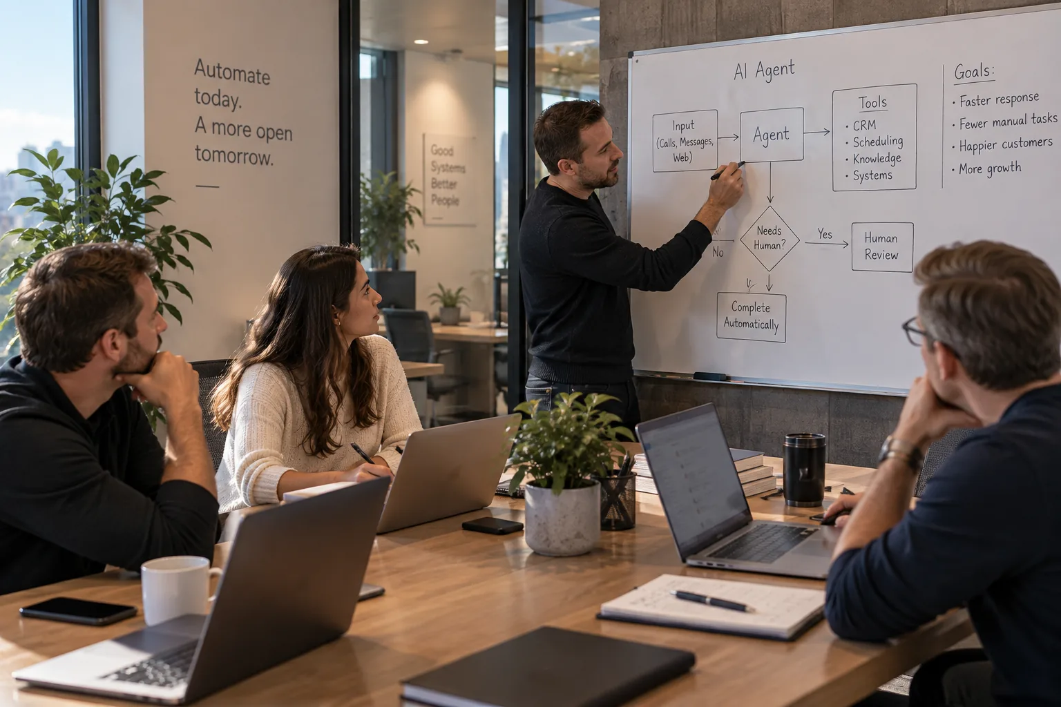 Team reviewing an AI agent workflow with a human review step on a whiteboard