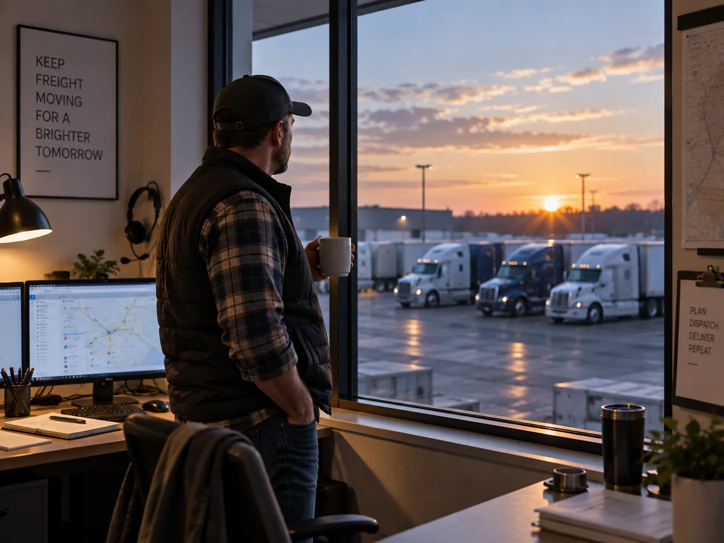 Logistics dispatcher with a coffee looking out at trucks in the yard at dawn