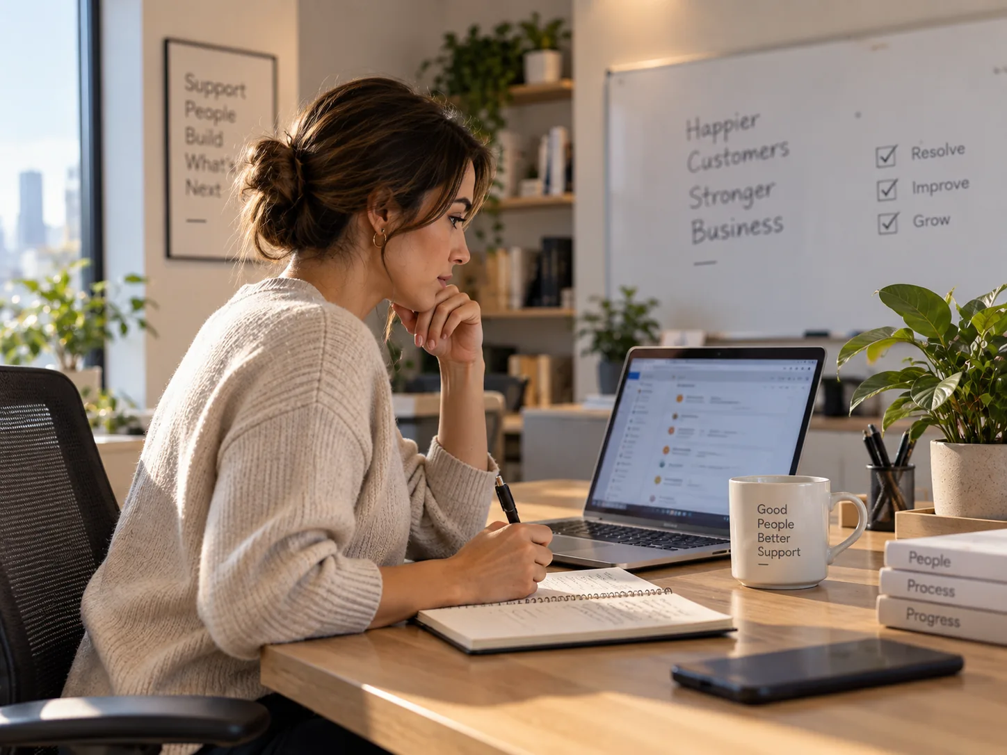 Customer support lead calmly reviewing a short list of escalated tickets at her desk